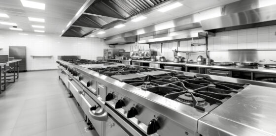 Large stainless-steel commercial kitchen interior