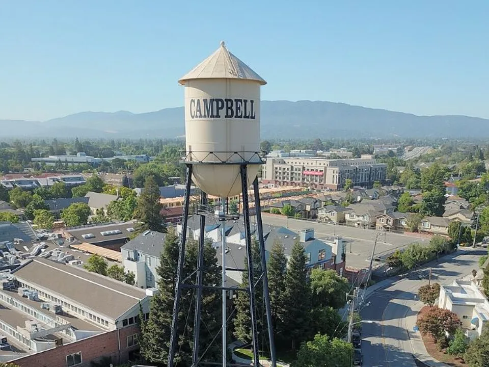 Aerial view of the historic Campbell Water Tower and downtown Campbell, California