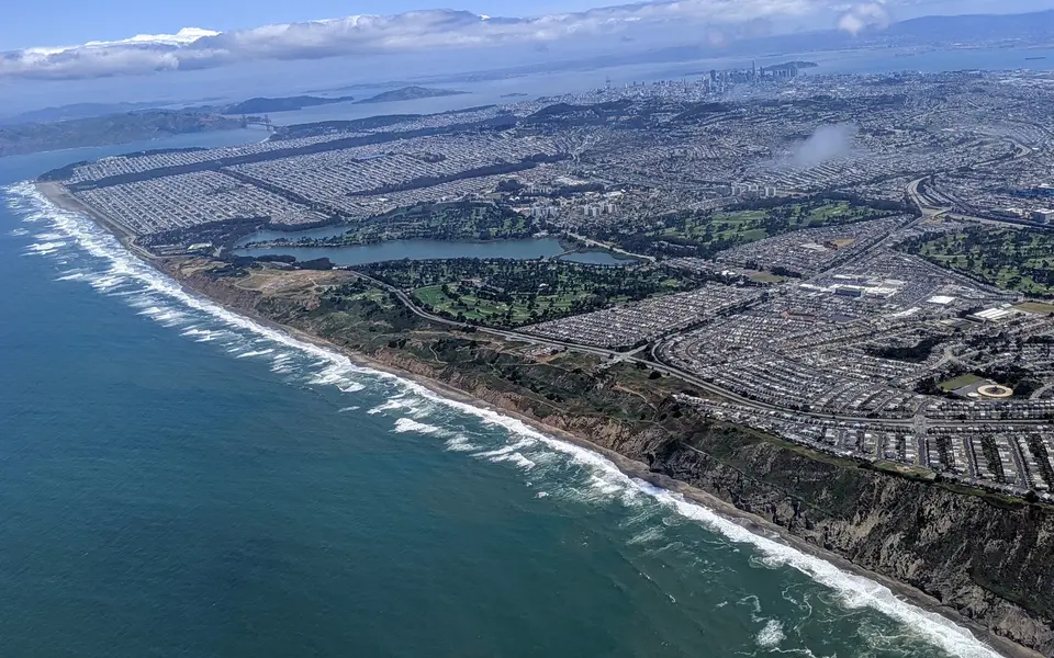 Aerial view of Westlake in Daly City with Lake Merced and San Francisco beyond