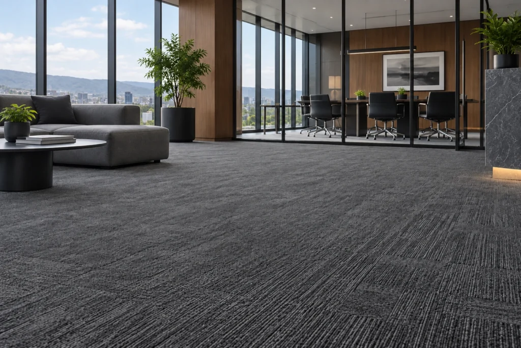 Clean charcoal carpet tiles in an empty office lounge with soft natural daylight.