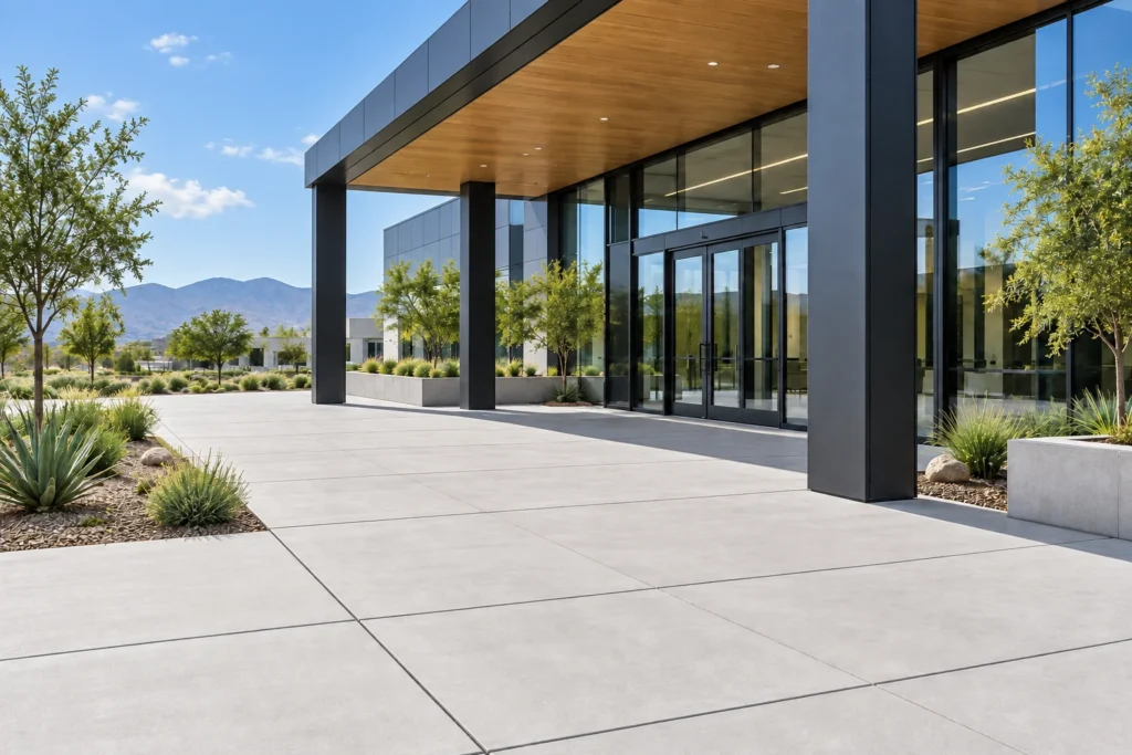 Clean light-gray concrete walkway and modern commercial entrance in clear daylight.