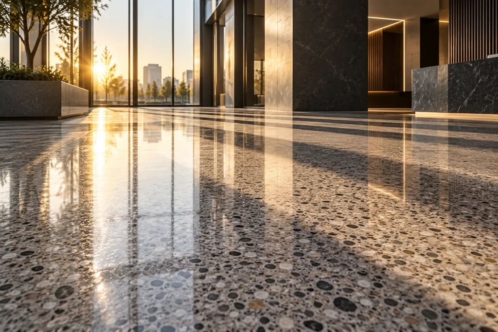Polished terrazzo floor with golden window reflections and dark architectural shadows.