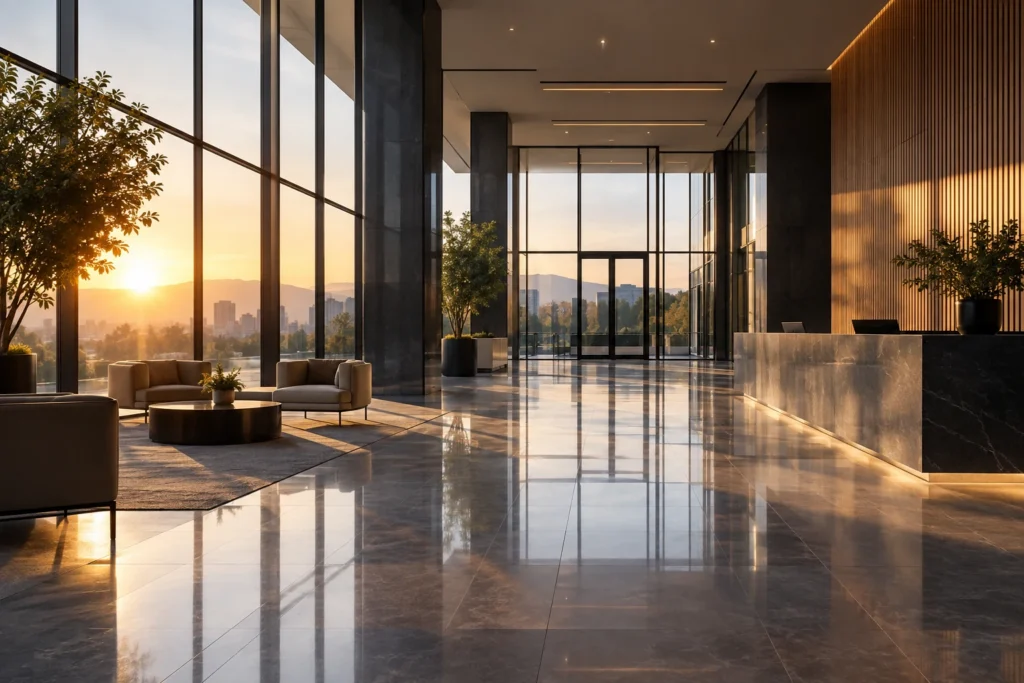 Empty commercial reception lobby with warm sunrise reflected across polished stone flooring.