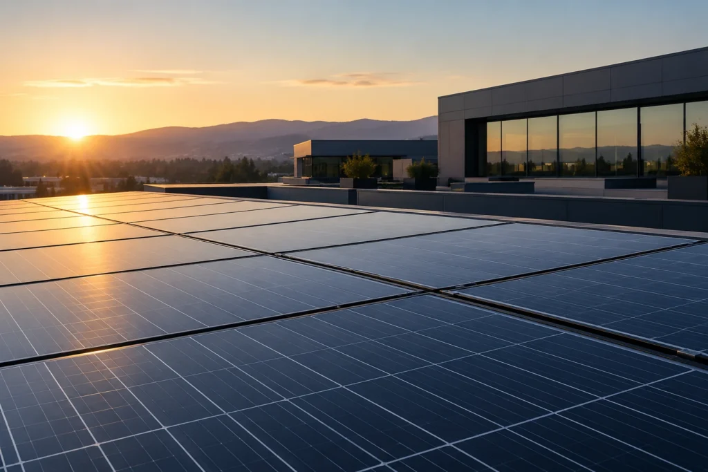 Clean rooftop solar panels reflecting warm morning light beside a commercial building.