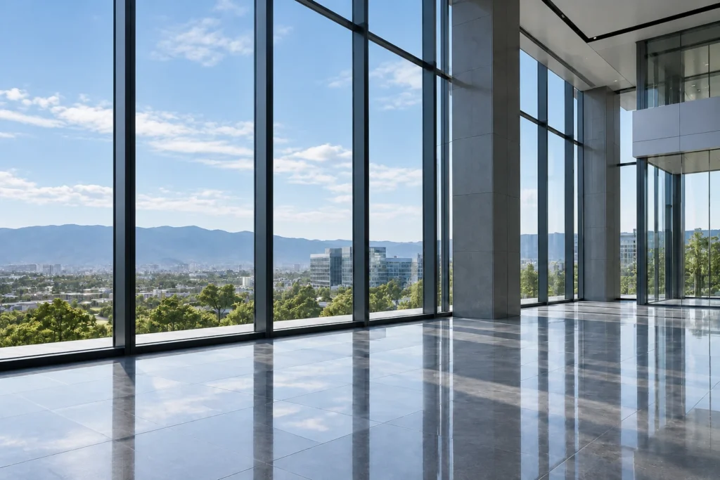 Clear commercial windows and graphite frames overlooking a green landscape in cool daylight.