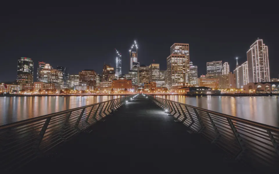 San Francisco skyline and waterfront viewed from Pier 14 at night